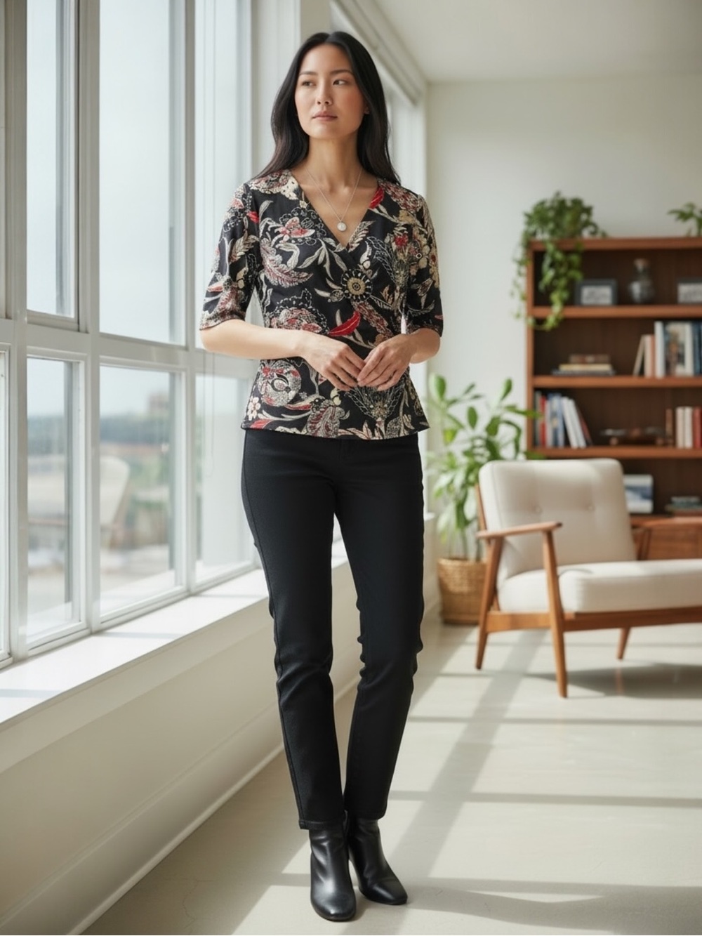 Jones Wear Black Floral Wrap Style Blouse Size Small V-Neck Ruched Side
